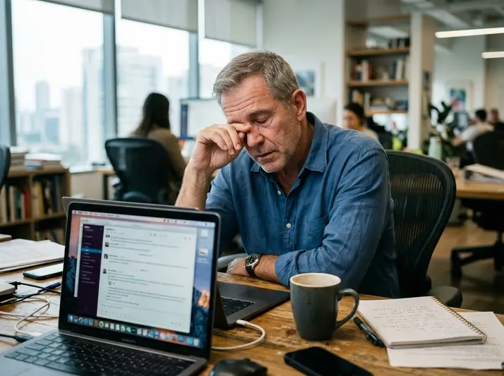 Exhausted professional experiencing an afternoon caffeine crash at their desk